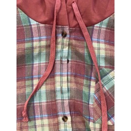 Hooded Plaid Print Blouse, Casual Button Front Drawstring Long Sleeve Blouse, Women's Clothing Hooded Plaid Print Blouse, Casual Button Front Drawstring Long Sleeve Blouse, Women's Clothing