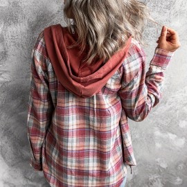 Hooded Plaid Print Blouse, Casual Button Front Drawstring Long Sleeve Blouse, Women's Clothing Hooded Plaid Print Blouse, Casual Button Front Drawstring Long Sleeve Blouse, Women's Clothing