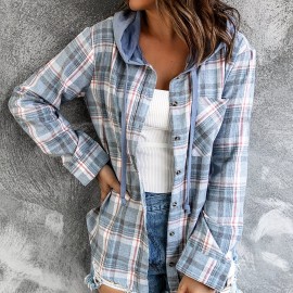 Hooded Plaid Print Blouse, Casual Button Front Drawstring Long Sleeve Blouse, Women's Clothing Hooded Plaid Print Blouse, Casual Button Front Drawstring Long Sleeve Blouse, Women's Clothing