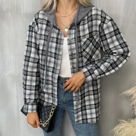 Hooded Plaid Print Blouse, Casual Button Front Drawstring Long Sleeve Blouse, Women's Clothing Hooded Plaid Print Blouse, Casual Button Front Drawstring Long Sleeve Blouse, Women's Clothing