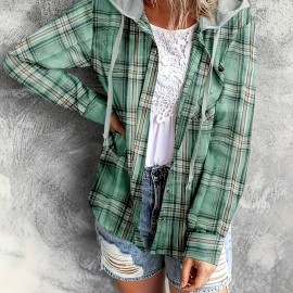 Hooded Plaid Print Blouse, Casual Button Front Drawstring Long Sleeve Blouse, Women's Clothing Hooded Plaid Print Blouse, Casual Button Front Drawstring Long Sleeve Blouse, Women's Clothing