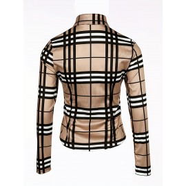 Gingham Long Sleeve Casual Business Shirts, Laid Pockets Coat Button Down Blouse, Elegant & Stylish Tops For Office & Work, Women's Clothing Gingham Long Sleeve Casual Business Shirts, Laid Pockets Coat Button Down Blouse, Elegant & Stylish Tops For Office & Work, Women's Clothing
