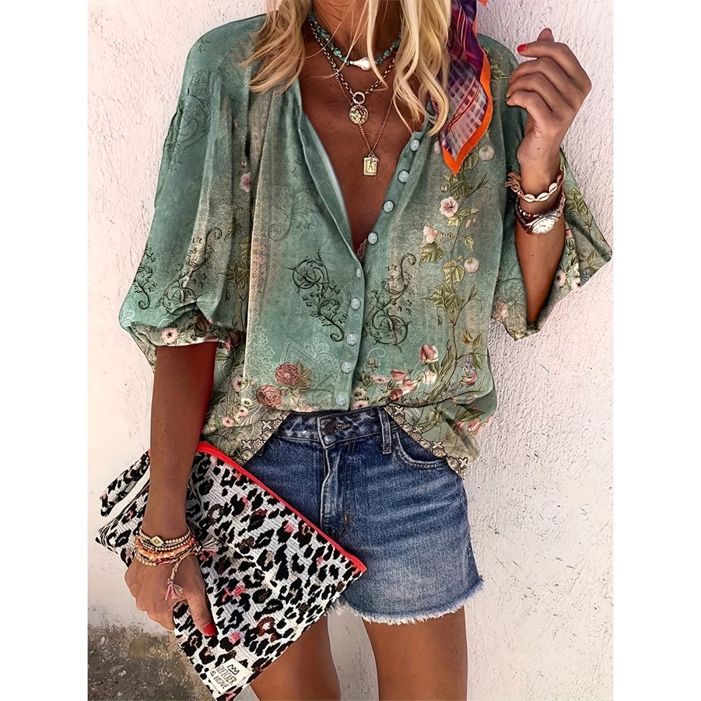 Floral Print Button Front Blouse, Casual Long Sleeve Crew Neck Blouse For Spring & Fall, Women's Clothing Floral Print Button Front Blouse, Casual Long Sleeve Crew Neck Blouse For Spring & Fall, Women's Clothing