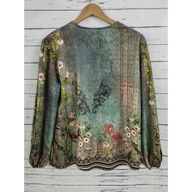 Floral Print Button Front Blouse, Casual Long Sleeve Crew Neck Blouse For Spring & Fall, Women's Clothing Floral Print Button Front Blouse, Casual Long Sleeve Crew Neck Blouse For Spring & Fall, Women's Clothing