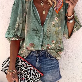 Floral Print Button Front Blouse, Casual Long Sleeve Crew Neck Blouse For Spring & Fall, Women's Clothing Floral Print Button Front Blouse, Casual Long Sleeve Crew Neck Blouse For Spring & Fall, Women's Clothing