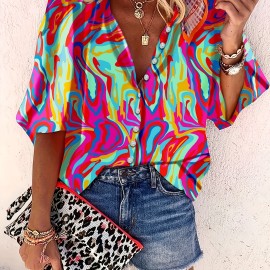 Floral Print Button Front Blouse, Casual Long Sleeve Crew Neck Blouse For Spring & Fall, Women's Clothing Floral Print Button Front Blouse, Casual Long Sleeve Crew Neck Blouse For Spring & Fall, Women's Clothing