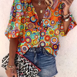 Floral Print Button Front Blouse, Casual Long Sleeve Crew Neck Blouse For Spring & Fall, Women's Clothing Floral Print Button Front Blouse, Casual Long Sleeve Crew Neck Blouse For Spring & Fall, Women's Clothing