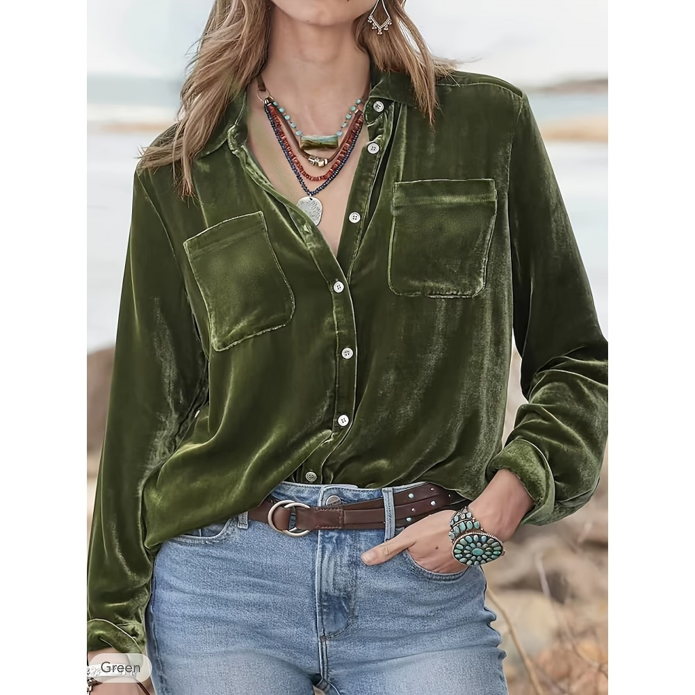 Solid Patched Pockets Velvet Shirt, Vintage Long Sleeve Shirt For Spring & Fall, Women's Clothing Solid Patched Pockets Velvet Shirt, Vintage Long Sleeve Shirt For Spring & Fall, Women's Clothing