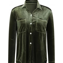 Solid Patched Pockets Velvet Shirt, Vintage Long Sleeve Shirt For Spring & Fall, Women's Clothing Solid Patched Pockets Velvet Shirt, Vintage Long Sleeve Shirt For Spring & Fall, Women's Clothing