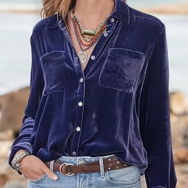 Solid Patched Pockets Velvet Shirt, Vintage Long Sleeve Shirt For Spring & Fall, Women's Clothing Solid Patched Pockets Velvet Shirt, Vintage Long Sleeve Shirt For Spring & Fall, Women's Clothing