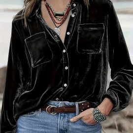Solid Patched Pockets Velvet Shirt, Vintage Long Sleeve Shirt For Spring & Fall, Women's Clothing Solid Patched Pockets Velvet Shirt, Vintage Long Sleeve Shirt For Spring & Fall, Women's Clothing
