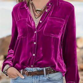Solid Patched Pockets Velvet Shirt, Vintage Long Sleeve Shirt For Spring & Fall, Women's Clothing Solid Patched Pockets Velvet Shirt, Vintage Long Sleeve Shirt For Spring & Fall, Women's Clothing