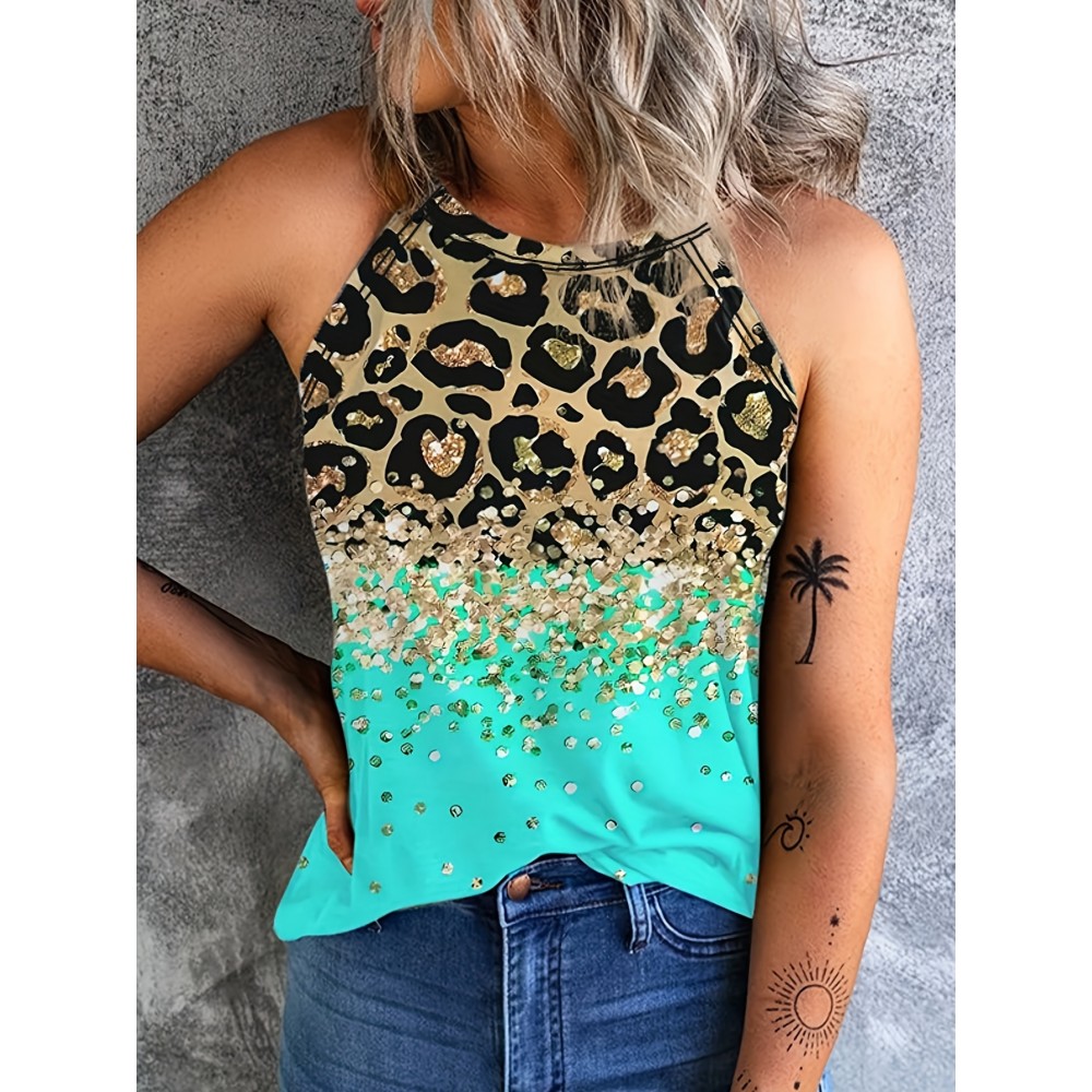 Leopard Print Halter Tank Top, Casual Sleeveless Tank Top For Summer, Women's Clothing Leopard Print Halter Tank Top, Casual Sleeveless Tank Top For Summer, Women's Clothing