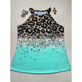 Leopard Print Halter Tank Top, Casual Sleeveless Tank Top For Summer, Women's Clothing Leopard Print Halter Tank Top, Casual Sleeveless Tank Top For Summer, Women's Clothing