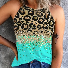 Leopard Print Halter Tank Top, Casual Sleeveless Tank Top For Summer, Women's Clothing Leopard Print Halter Tank Top, Casual Sleeveless Tank Top For Summer, Women's Clothing