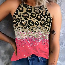 Leopard Print Halter Tank Top, Casual Sleeveless Tank Top For Summer, Women's Clothing Leopard Print Halter Tank Top, Casual Sleeveless Tank Top For Summer, Women's Clothing