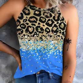 Leopard Print Halter Tank Top, Casual Sleeveless Tank Top For Summer, Women's Clothing Leopard Print Halter Tank Top, Casual Sleeveless Tank Top For Summer, Women's Clothing