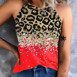 Leopard Print Halter Tank Top, Casual Sleeveless Tank Top For Summer, Women's Clothing Leopard Print Halter Tank Top, Casual Sleeveless Tank Top For Summer, Women's Clothing