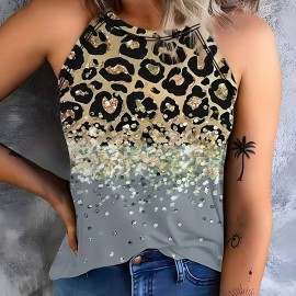 Leopard Print Halter Tank Top, Casual Sleeveless Tank Top For Summer, Women's Clothing Leopard Print Halter Tank Top, Casual Sleeveless Tank Top For Summer, Women's Clothing