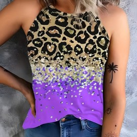 Leopard Print Halter Tank Top, Casual Sleeveless Tank Top For Summer, Women's Clothing Leopard Print Halter Tank Top, Casual Sleeveless Tank Top For Summer, Women's Clothing