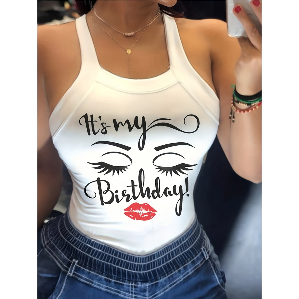 Figure & Letter Print Cami Top, Sexy Back Bow Slim Spaghetti Strap Top For Summer, Women's Clothing Figure & Letter Print Cami Top, Sexy Back Bow Slim Spaghetti Strap Top For Summer, Women's Clothing