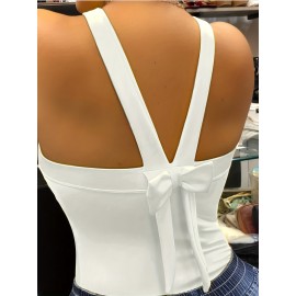 Figure & Letter Print Cami Top, Sexy Back Bow Slim Spaghetti Strap Top For Summer, Women's Clothing Figure & Letter Print Cami Top, Sexy Back Bow Slim Spaghetti Strap Top For Summer, Women's Clothing