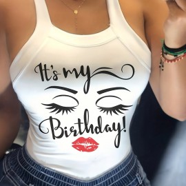 Figure & Letter Print Cami Top, Sexy Back Bow Slim Spaghetti Strap Top For Summer, Women's Clothing Figure & Letter Print Cami Top, Sexy Back Bow Slim Spaghetti Strap Top For Summer, Women's Clothing