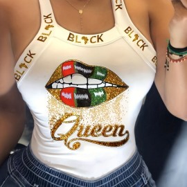 Figure & Letter Print Cami Top, Sexy Back Bow Slim Spaghetti Strap Top For Summer, Women's Clothing Figure & Letter Print Cami Top, Sexy Back Bow Slim Spaghetti Strap Top For Summer, Women's Clothing