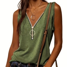 Half Zip Solid Tank Top, Casual Sleeveless Summer Tank Top, Women's Clothing