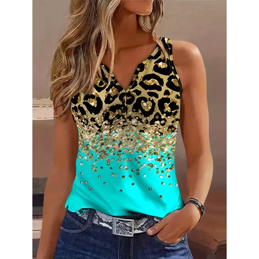 Leopard Print Notched Neck Tank Top, Casual Summer Sleeveless Top, Women's Clothing Leopard Print Notched Neck Tank Top, Casual Summer Sleeveless Top, Women's Clothing