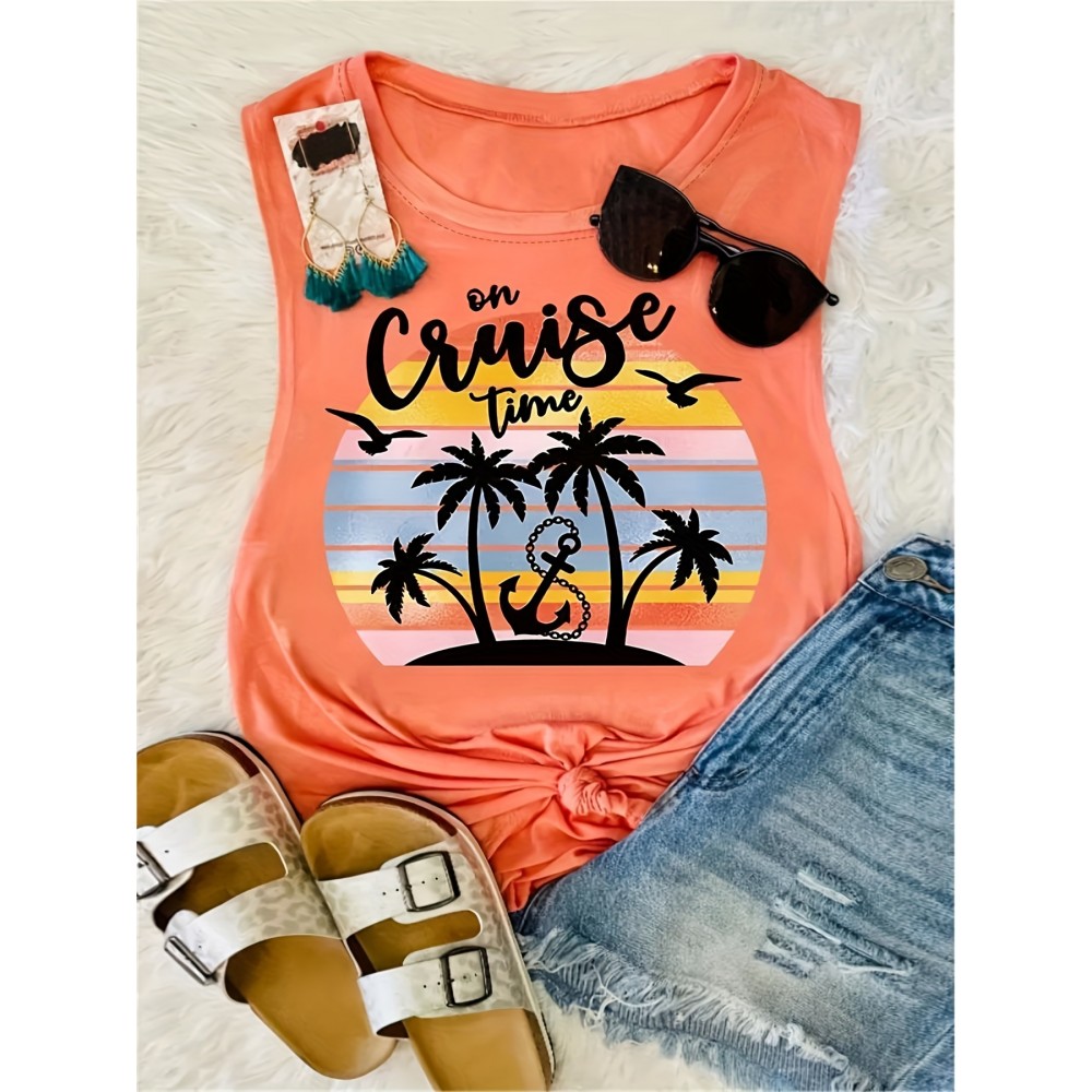 Coconut Tree & Anchor Print Tank Top, Casual Crew Neck Sleeveless Summer Tank Top, Women's Clothing Coconut Tree & Anchor Print Tank Top, Casual Crew Neck Sleeveless Summer Tank Top, Women's Clothing