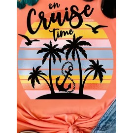 Coconut Tree & Anchor Print Tank Top, Casual Crew Neck Sleeveless Summer Tank Top, Women's Clothing Coconut Tree & Anchor Print Tank Top, Casual Crew Neck Sleeveless Summer Tank Top, Women's Clothing