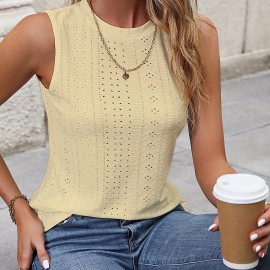Eyelet Crew Neck Tank Top, Casual Sleeveless Tank Top For Summer, Women's Clothing Eyelet Crew Neck Tank Top, Casual Sleeveless Tank Top For Summer, Women's Clothing