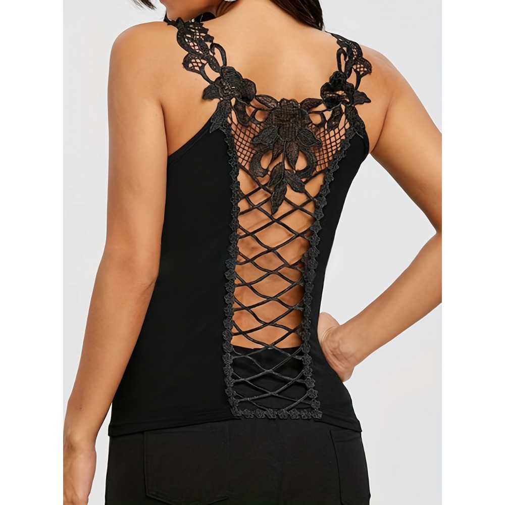 Contrast Floral Lace Tank Top, Casual Crew Neck Summer Sleeveless Top, Women's Clothing Contrast Floral Lace Tank Top, Casual Crew Neck Summer Sleeveless Top, Women's Clothing