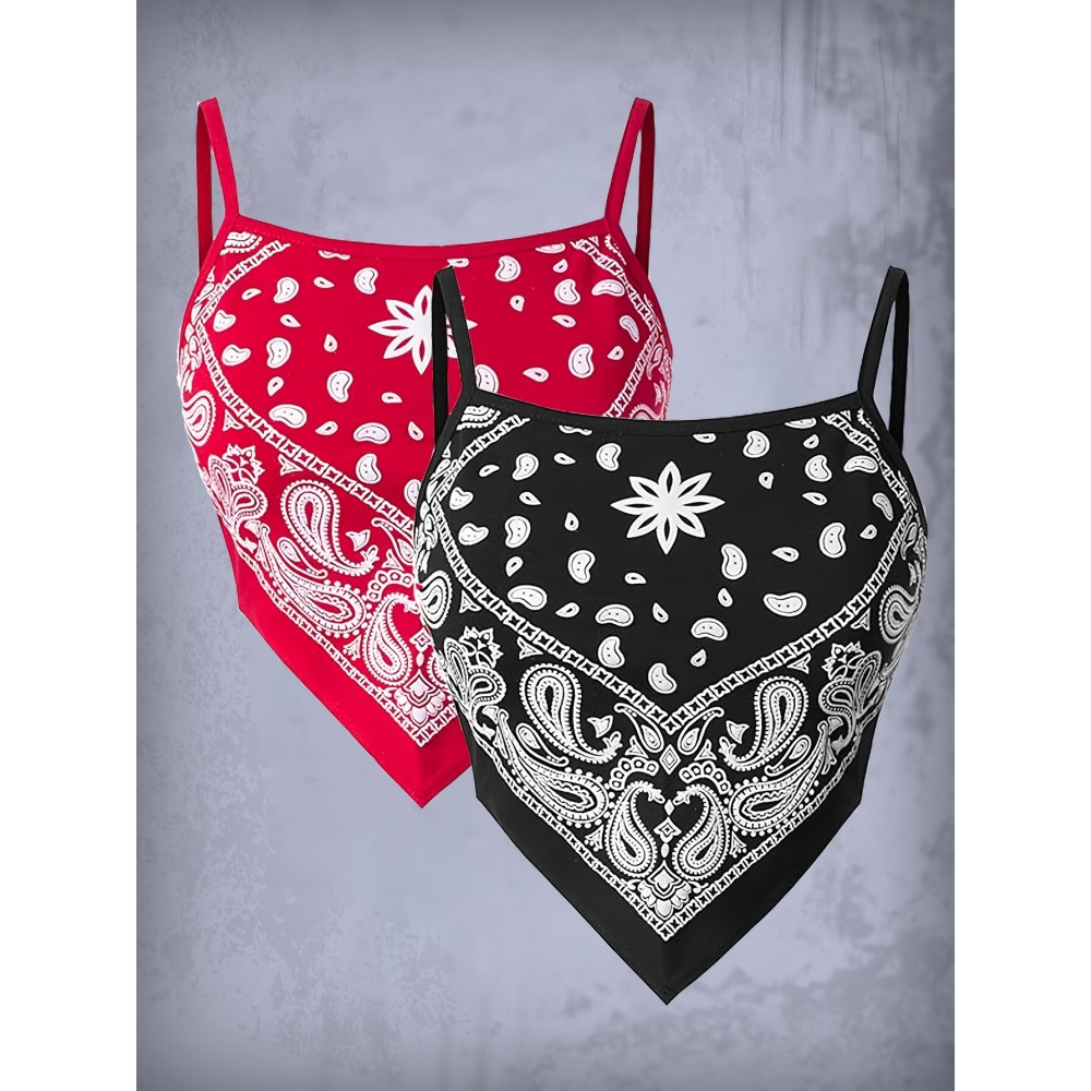 2 Packs Spaghetti Strap Top, Y2K Allover Print Tie Back Sleeveless Cami Top For Every Day, Women's Clothing 2 Packs Spaghetti Strap Top, Y2K Allover Print Tie Back Sleeveless Cami Top For Every Day, Women's Clothing