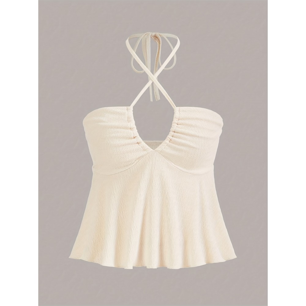 Cross Front Ruched Halter Top, Casual Tie Back Summer Sleeveless Top, Women's Clothing Cross Front Ruched Halter Top, Casual Tie Back Summer Sleeveless Top, Women's Clothing