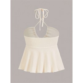 Cross Front Ruched Halter Top, Casual Tie Back Summer Sleeveless Top, Women's Clothing Cross Front Ruched Halter Top, Casual Tie Back Summer Sleeveless Top, Women's Clothing