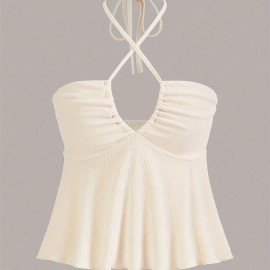 Cross Front Ruched Halter Top, Casual Tie Back Summer Sleeveless Top, Women's Clothing Cross Front Ruched Halter Top, Casual Tie Back Summer Sleeveless Top, Women's Clothing