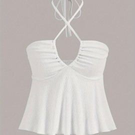 Cross Front Ruched Halter Top, Casual Tie Back Summer Sleeveless Top, Women's Clothing Cross Front Ruched Halter Top, Casual Tie Back Summer Sleeveless Top, Women's Clothing