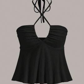 Cross Front Ruched Halter Top, Casual Tie Back Summer Sleeveless Top, Women's Clothing Cross Front Ruched Halter Top, Casual Tie Back Summer Sleeveless Top, Women's Clothing