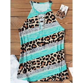 Leopard Print Colorblock Halter Neck Top, Casual Cutout Sleeveless Top For Summer, Women's Clothing Leopard Print Colorblock Halter Neck Top, Casual Cutout Sleeveless Top For Summer, Women's Clothing