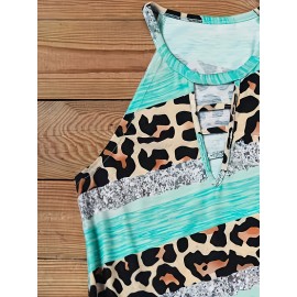 Leopard Print Colorblock Halter Neck Top, Casual Cutout Sleeveless Top For Summer, Women's Clothing Leopard Print Colorblock Halter Neck Top, Casual Cutout Sleeveless Top For Summer, Women's Clothing