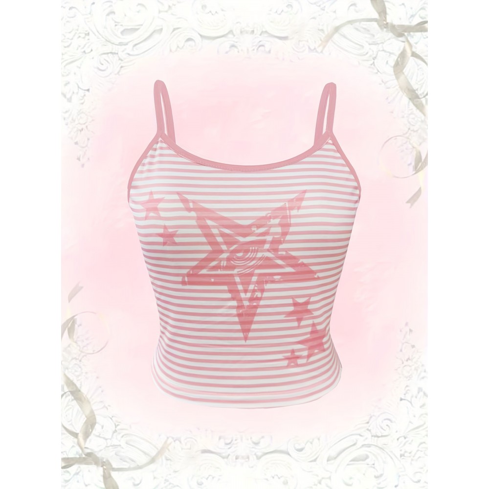 Kawaii Striped Start Print Cami Crop Top, Y2K Spaghetti Strap Sleeveless Top, Women's Clothing Kawaii Striped Start Print Cami Crop Top, Y2K Spaghetti Strap Sleeveless Top, Women's Clothing