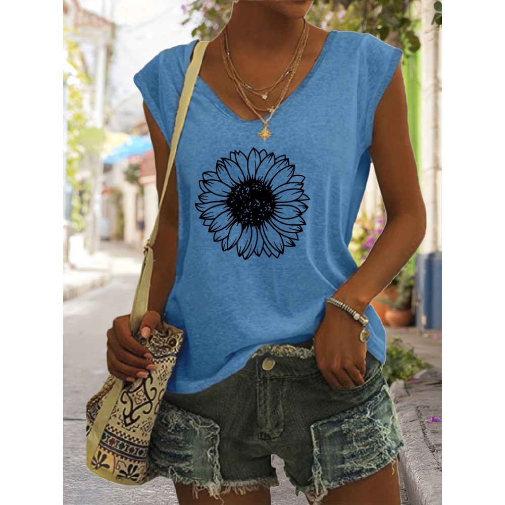 Sunflower Print V Neck Tank Top, Casual Sleeveless Tank Top For Summer, Women's Clothing Sunflower Print V Neck Tank Top, Casual Sleeveless Tank Top For Summer, Women's Clothing