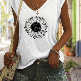 Sunflower Print V Neck Tank Top, Casual Sleeveless Tank Top For Summer, Women's Clothing Sunflower Print V Neck Tank Top, Casual Sleeveless Tank Top For Summer, Women's Clothing