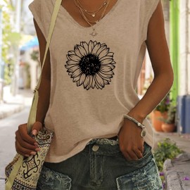 Sunflower Print V Neck Tank Top, Casual Sleeveless Tank Top For Summer, Women's Clothing Sunflower Print V Neck Tank Top, Casual Sleeveless Tank Top For Summer, Women's Clothing