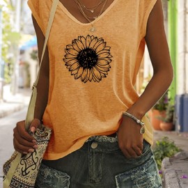 Sunflower Print V Neck Tank Top, Casual Sleeveless Tank Top For Summer, Women's Clothing Sunflower Print V Neck Tank Top, Casual Sleeveless Tank Top For Summer, Women's Clothing