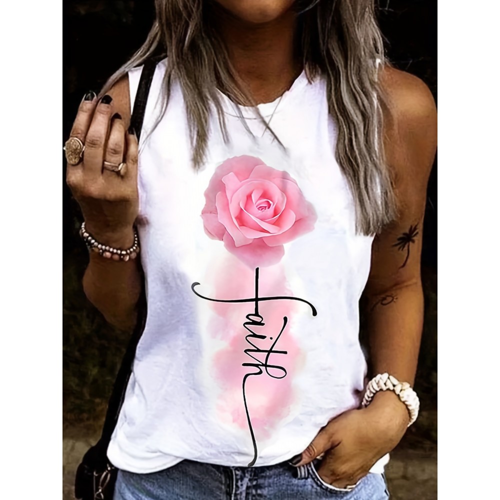 Flower & Letter Print Tank Top, Sleeveless Crew Neck Tank Top, Casual Every Day Tops, Women's Clothing Flower & Letter Print Tank Top, Sleeveless Crew Neck Tank Top, Casual Every Day Tops, Women's Clothing
