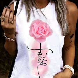Flower & Letter Print Tank Top, Sleeveless Crew Neck Tank Top, Casual Every Day Tops, Women's Clothing Flower & Letter Print Tank Top, Sleeveless Crew Neck Tank Top, Casual Every Day Tops, Women's Clothing