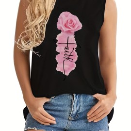Flower & Letter Print Tank Top, Sleeveless Crew Neck Tank Top, Casual Every Day Tops, Women's Clothing Flower & Letter Print Tank Top, Sleeveless Crew Neck Tank Top, Casual Every Day Tops, Women's Clothing